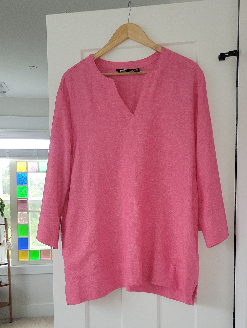 Lands' End Hot Pink Linen Blen V-Neck Tunic W/ Pockets